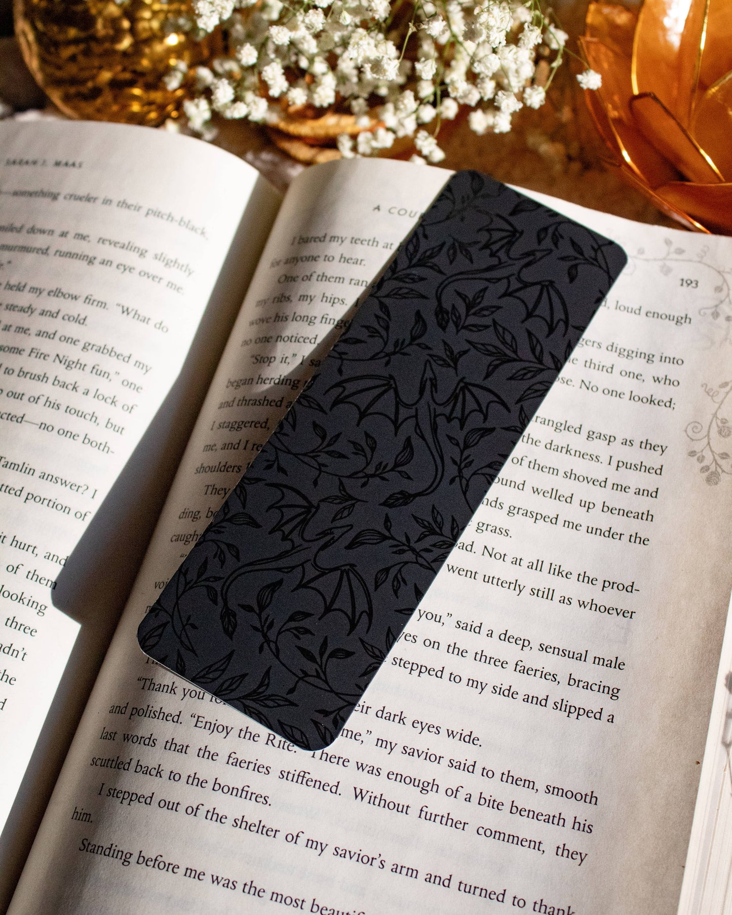 Meaggie Moos - Black on Black Floral Dragons Bookmark | Soft Touch - The Secret Garden Bookery