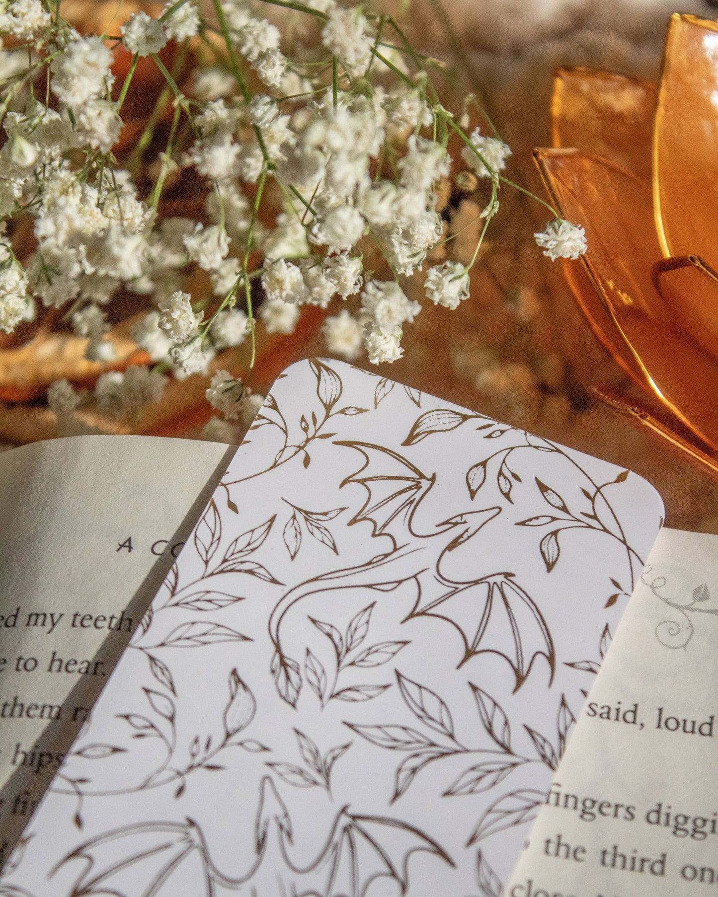 Meaggie Moos - Gold Foil and White Floral Dragons Bookmark | Soft Touch - The Secret Garden Bookery