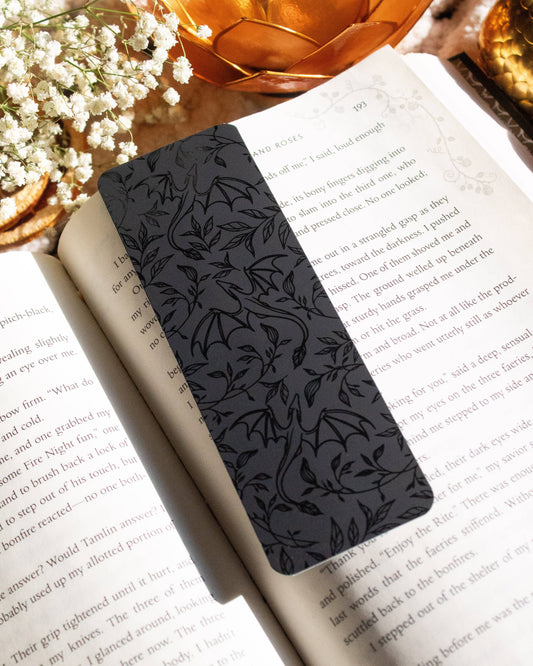 Meaggie Moos - Black on Black Floral Dragons Bookmark | Soft Touch - The Secret Garden Bookery