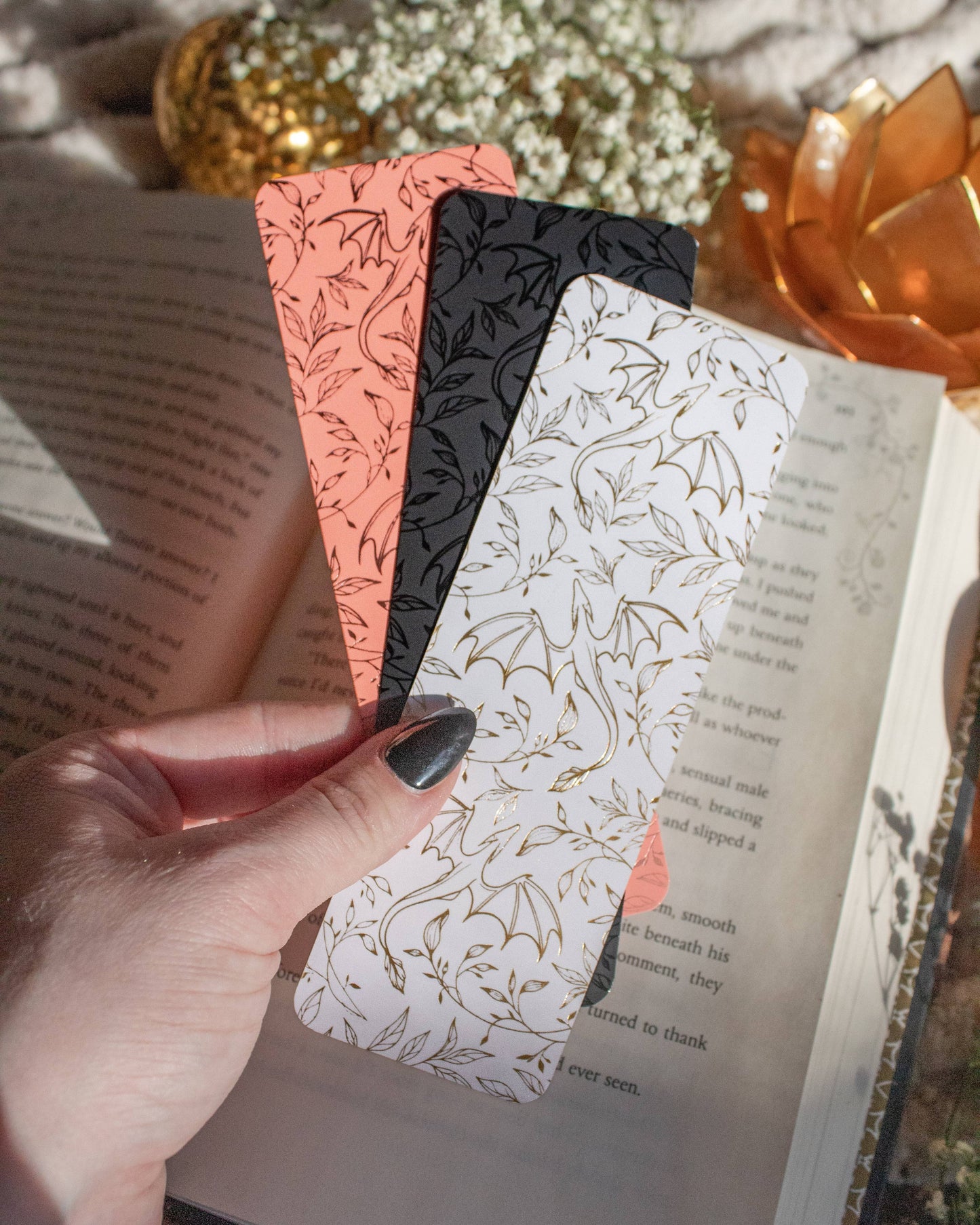 Meaggie Moos - Black on Black Floral Dragons Bookmark | Soft Touch - The Secret Garden Bookery