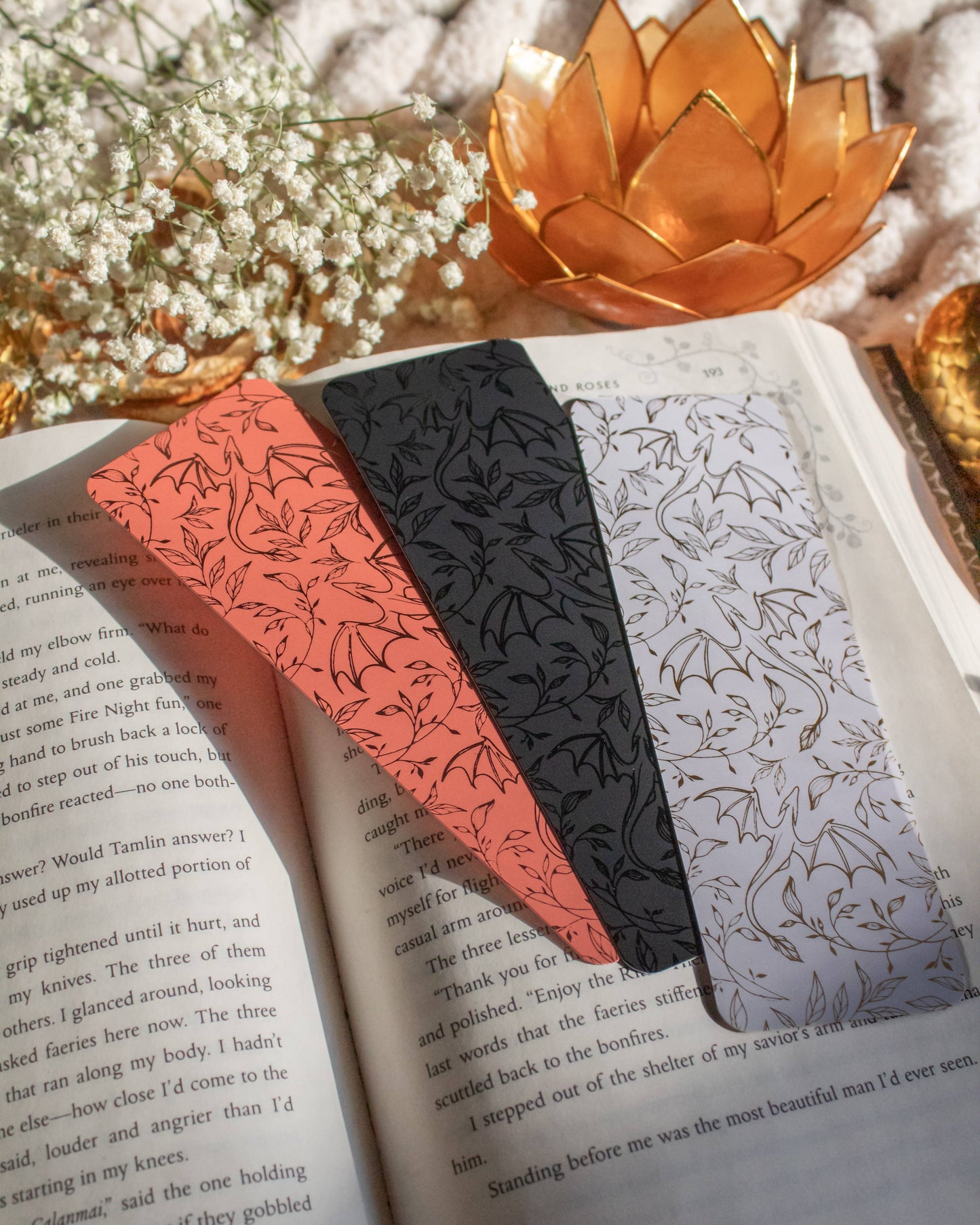 Meaggie Moos - Black on Black Floral Dragons Bookmark | Soft Touch - The Secret Garden Bookery