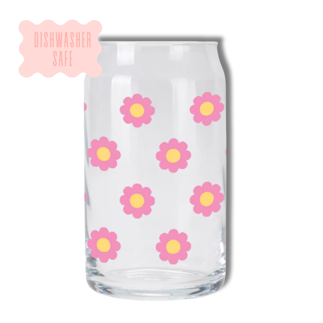 Oak Shore Collective LLC - Pink Flowers | Libbey Glass Beer Can Iced Coffee Glass - The Secret Garden Bookery