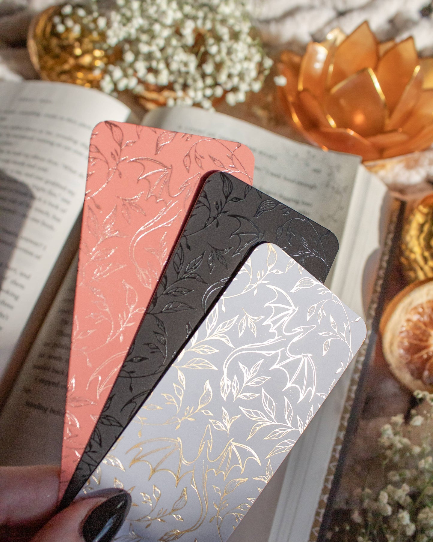 Meaggie Moos - Black on Black Floral Dragons Bookmark | Soft Touch - The Secret Garden Bookery
