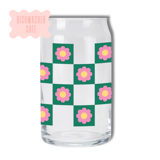 Oak Shore Collective LLC - Pink Checkered | Libbey Glass Beer Can Iced Coffee Glass - The Secret Garden Bookery