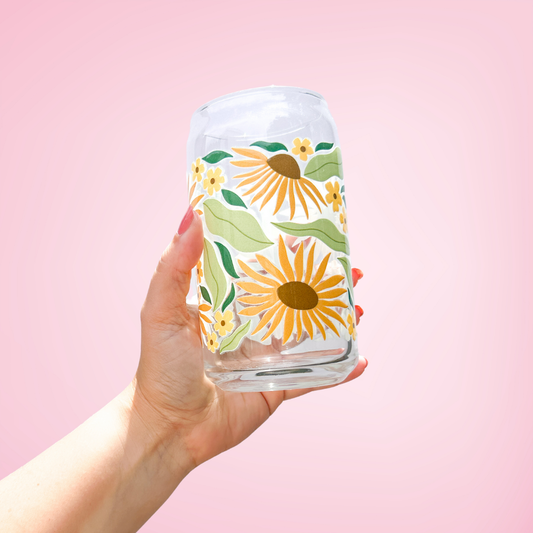 Oak Shore Collective LLC - Modern Sunflower | Libbey Glass Beer Can Iced Coffee Glass - The Secret Garden Bookery