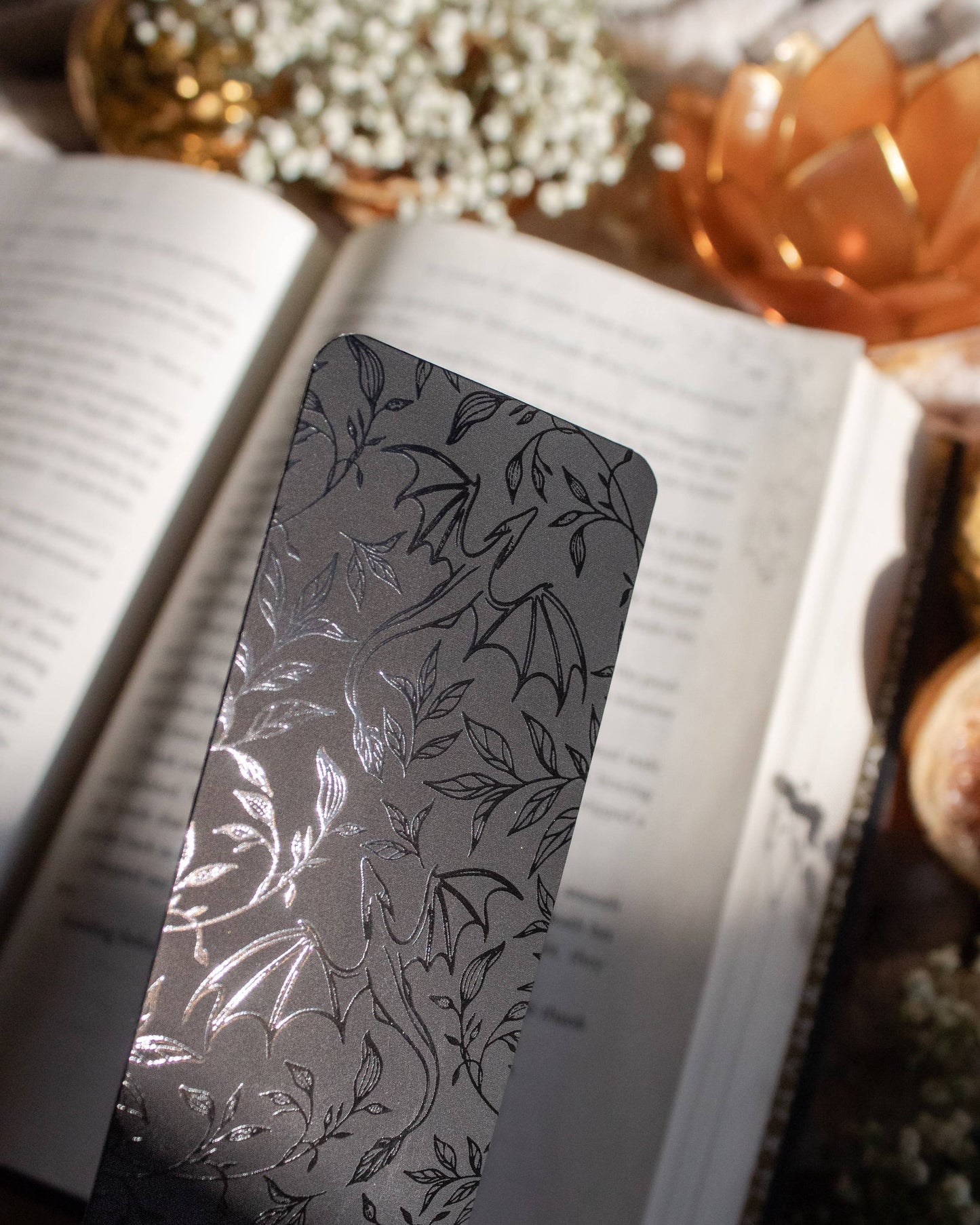 Meaggie Moos - Black on Black Floral Dragons Bookmark | Soft Touch - The Secret Garden Bookery