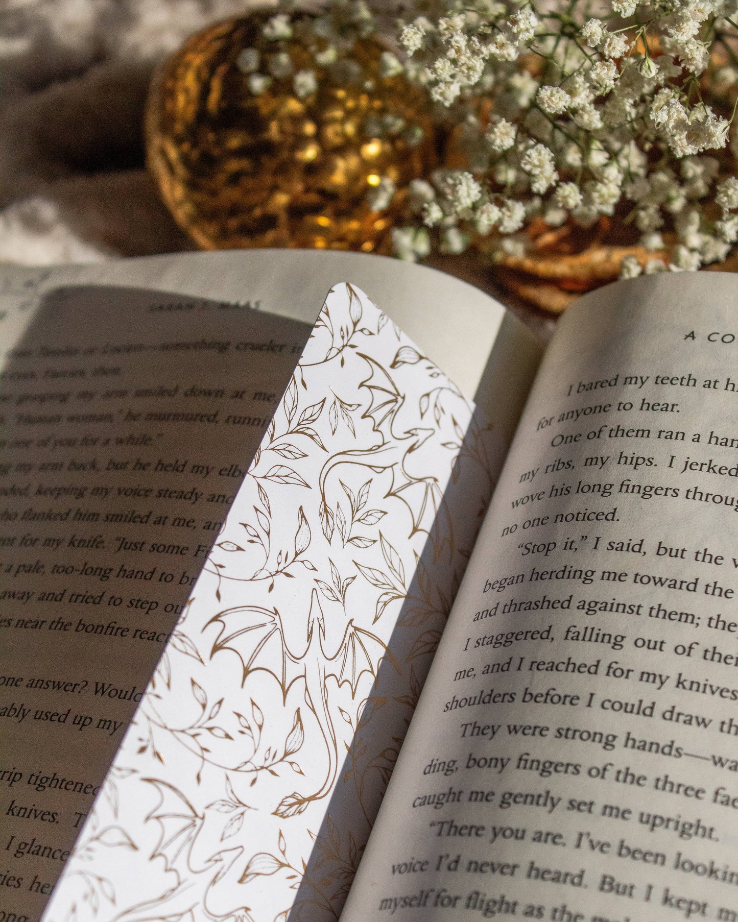Meaggie Moos - Gold Foil and White Floral Dragons Bookmark | Soft Touch - The Secret Garden Bookery
