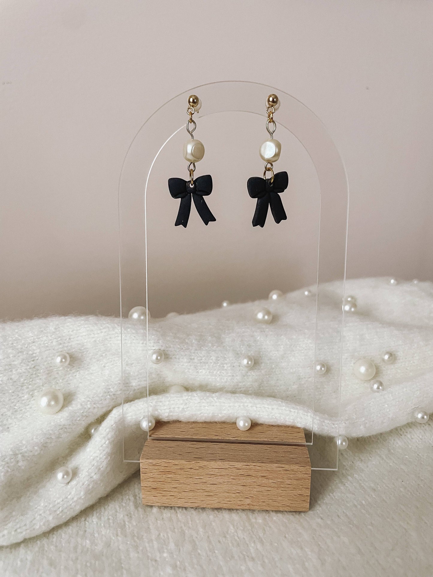 Placed by Grace - Black Bow Earrings with Pearls