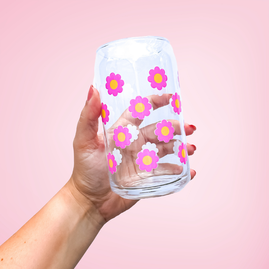 Oak Shore Collective LLC - Pink Flowers | Libbey Glass Beer Can Iced Coffee Glass - The Secret Garden Bookery