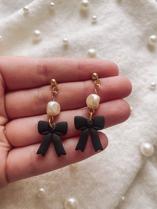 Placed by Grace - Black Bow Earrings with Pearls