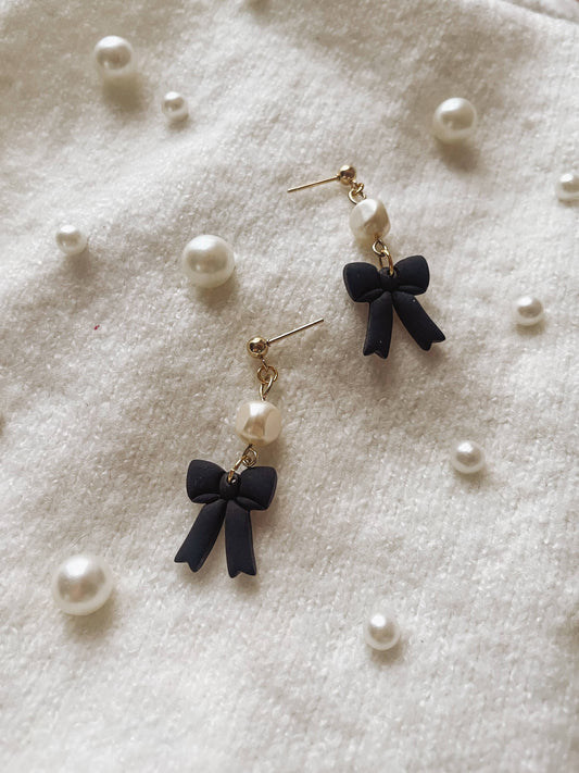 Placed by Grace - Black Bow Earrings with Pearls